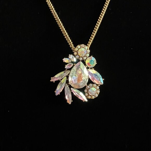 J Crew Gold-Tone Necklace Iridescent AB Crystal Pendant Elegant Statement - Picture 2 of 9